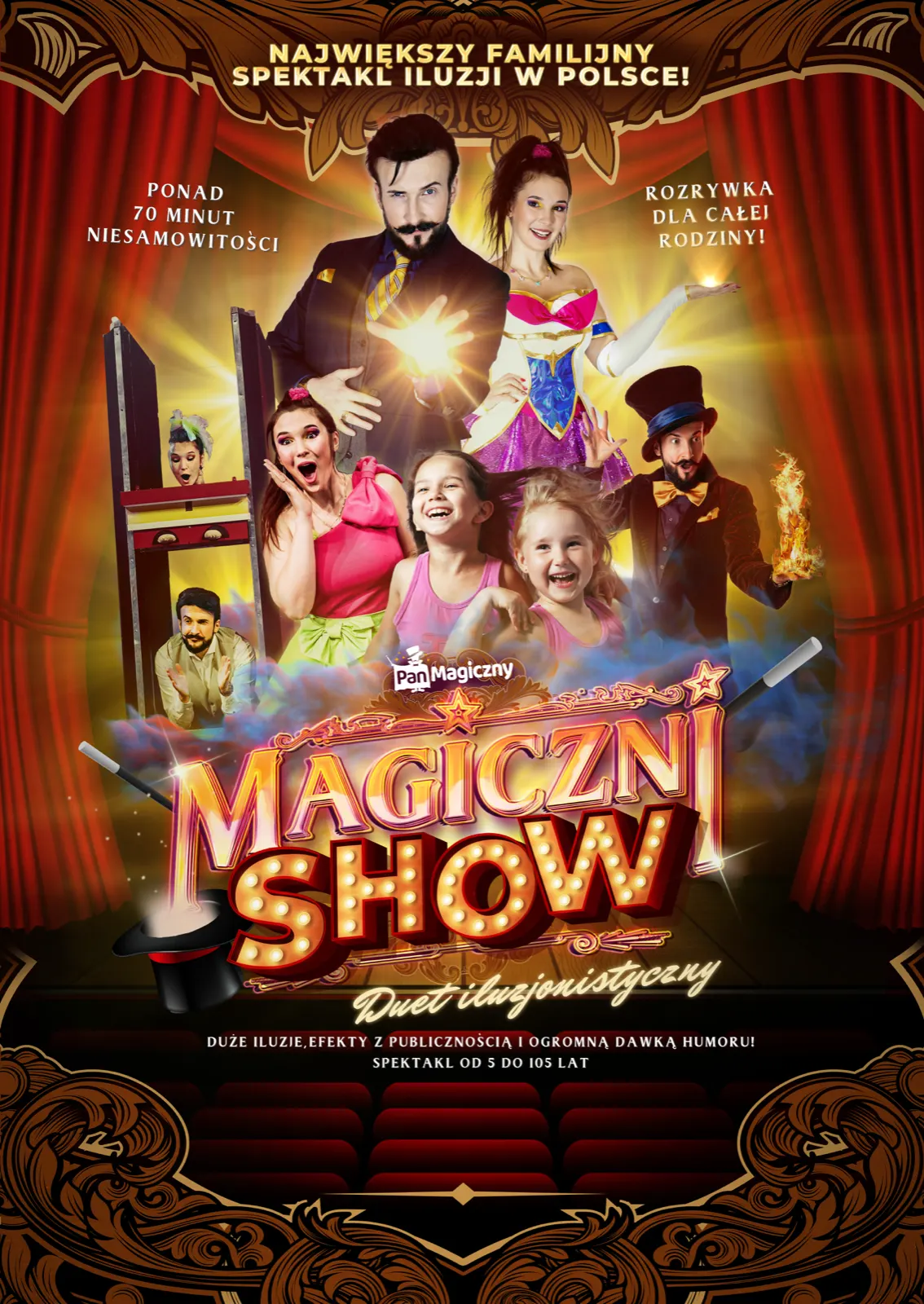 Plakat spektaklu Magiczni SHOW — duet iluzjonistów wśród złotych ornamentów i czerwonej kurtyny